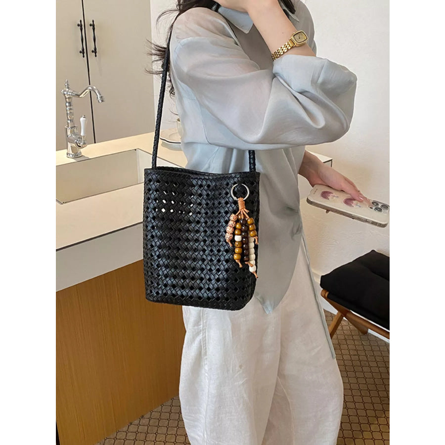 Woven Leather Shoulder Bag Black / One Size Apparel and Accessories
