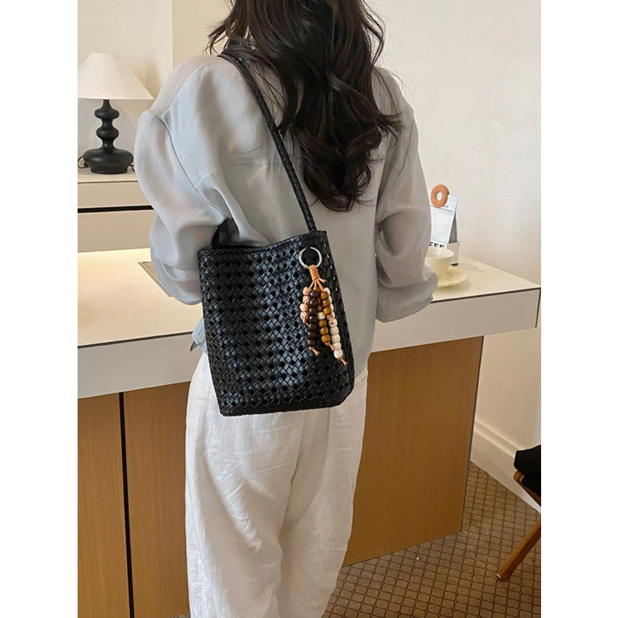 Woven Leather Shoulder Bag Black / One Size Apparel and Accessories