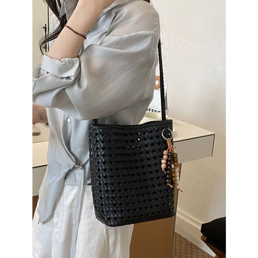 Woven Leather Shoulder Bag Black / One Size Apparel and Accessories