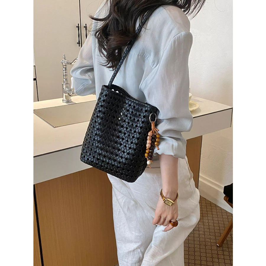 Woven Leather Shoulder Bag Black / One Size Apparel and Accessories