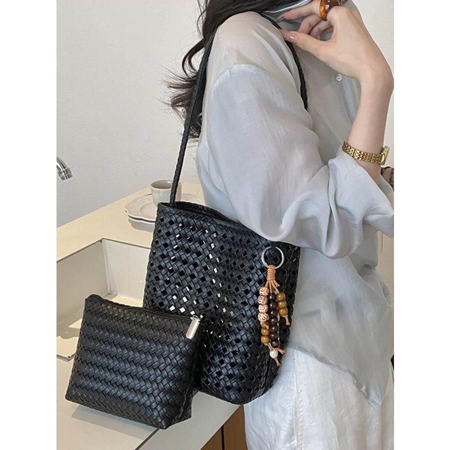 Woven Leather Shoulder Bag Black / One Size Apparel and Accessories