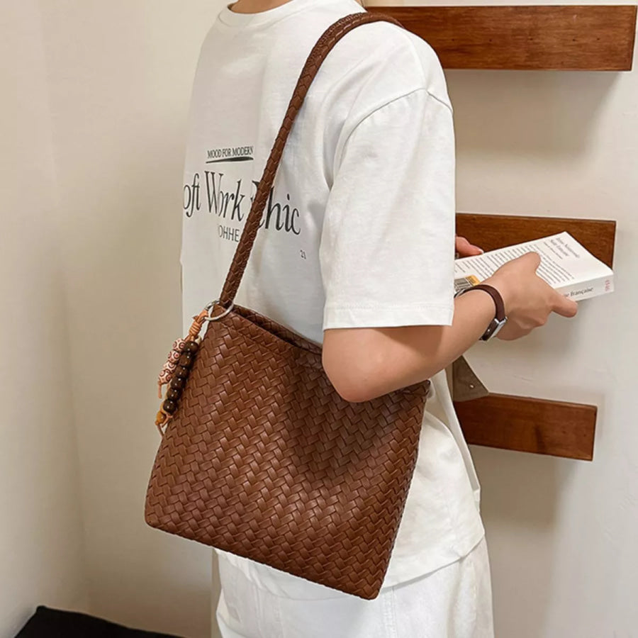 Woven Leather Shoulder Bag Brown / One Size Apparel and Accessories