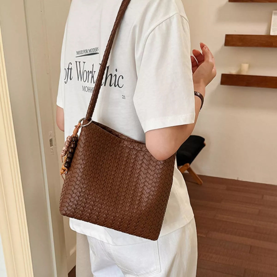 Woven Leather Shoulder Bag Brown / One Size Apparel and Accessories