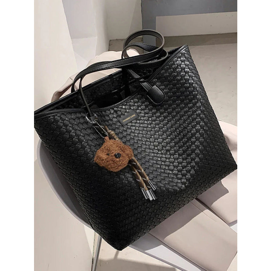 Woven Pattern Large Capacity Tote Bag Black / One Size Apparel and Accessories