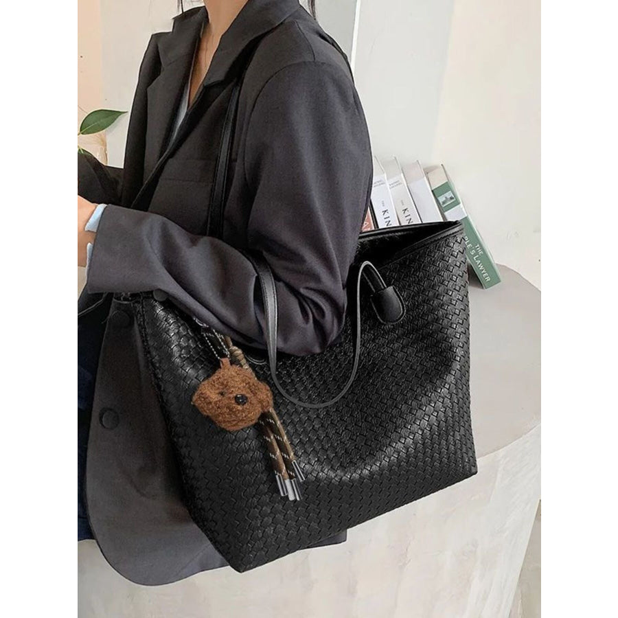 Woven Pattern Large Capacity Tote Bag Black / One Size Apparel and Accessories