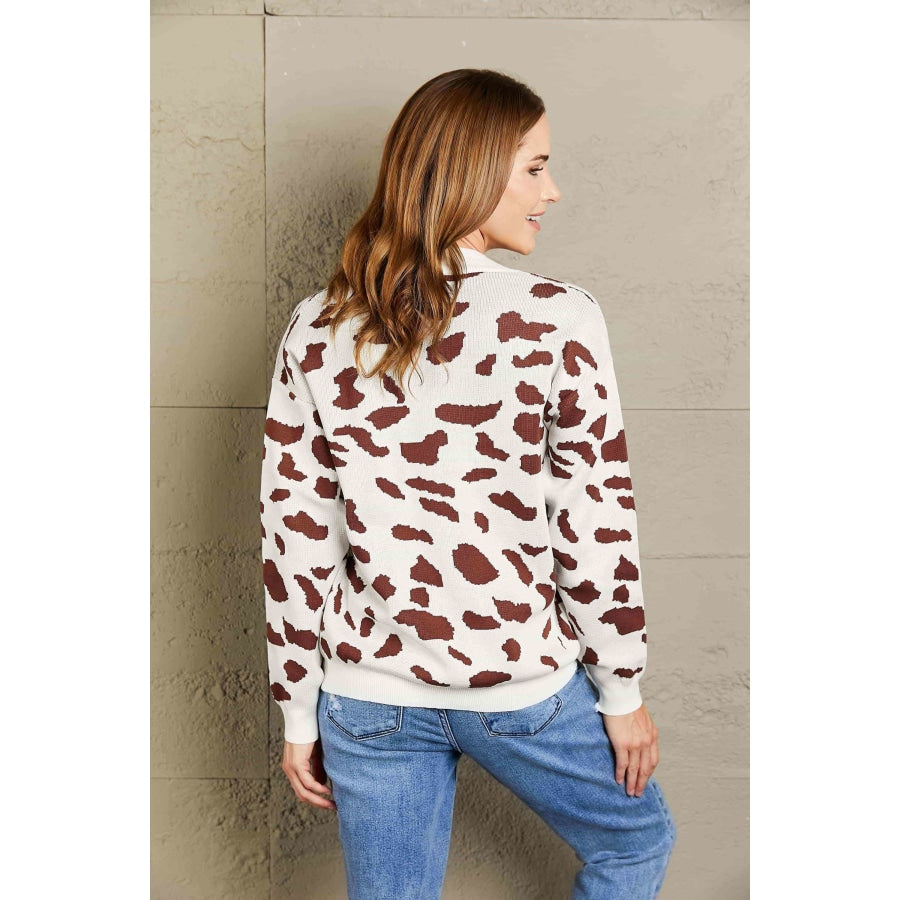 Woven Right Animal Print Button Front Sweater Cardigan White / S