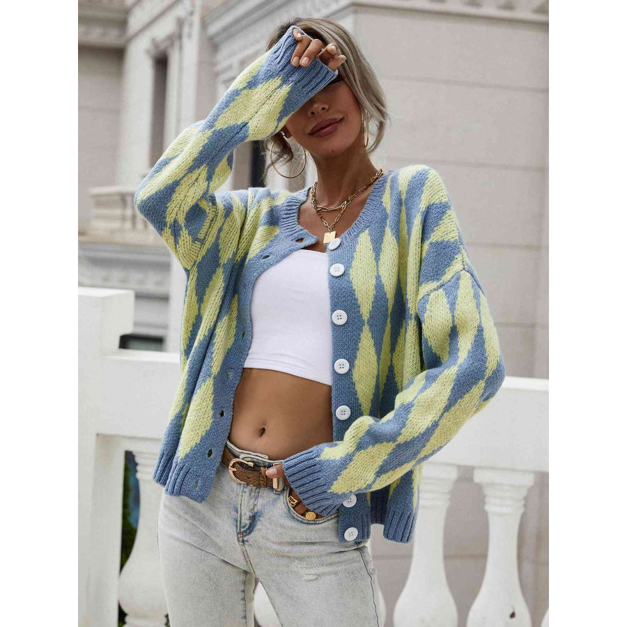 Woven Right Argyle Button Front Drop Shoulder Cardigan Blue/Yellow / S