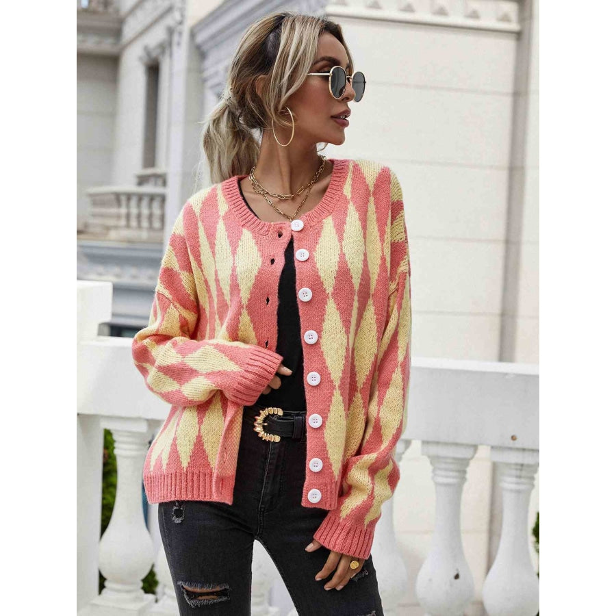 Woven Right Argyle Button Front Drop Shoulder Cardigan Red/Yellow / S