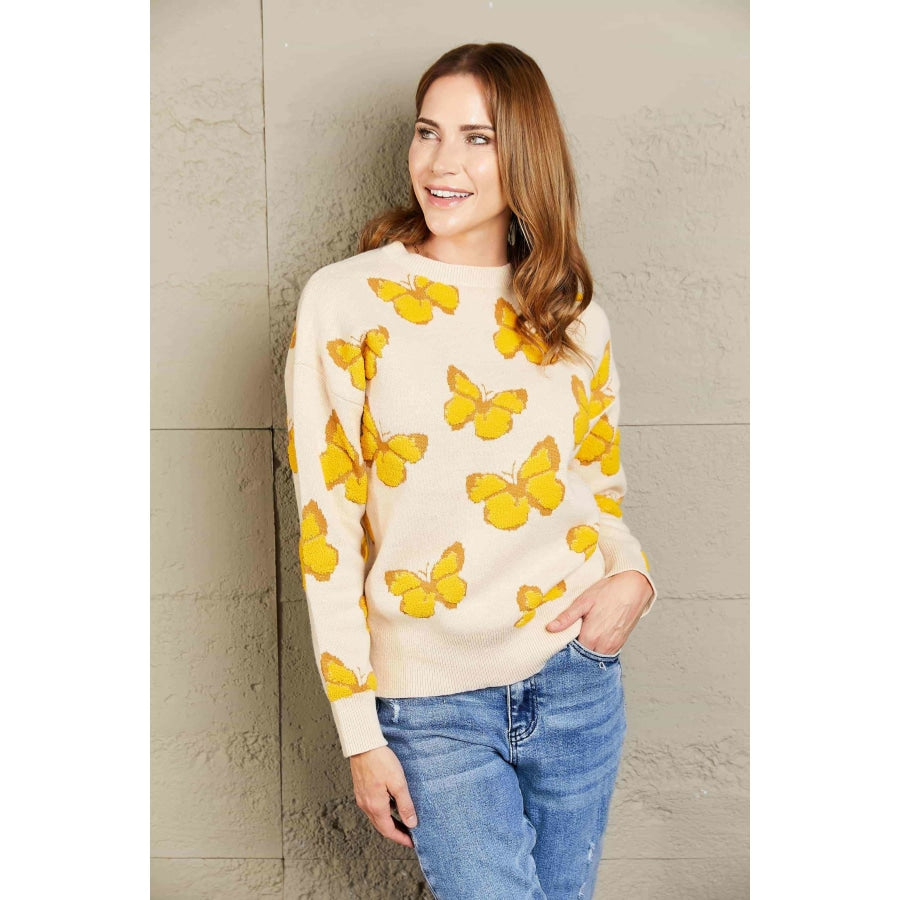Woven Right Butterfly Dropped Shoulder Crewneck Sweater Apricot / S