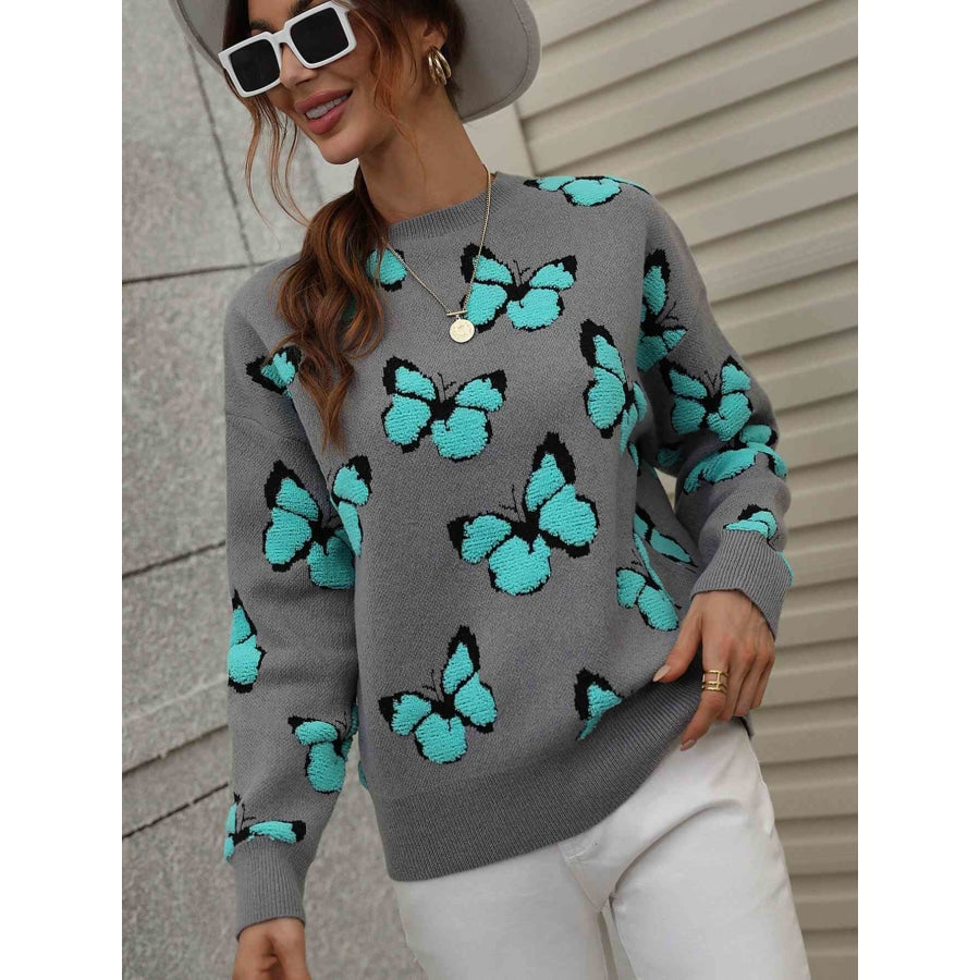 Woven Right Butterfly Dropped Shoulder Crewneck Sweater Gray / S