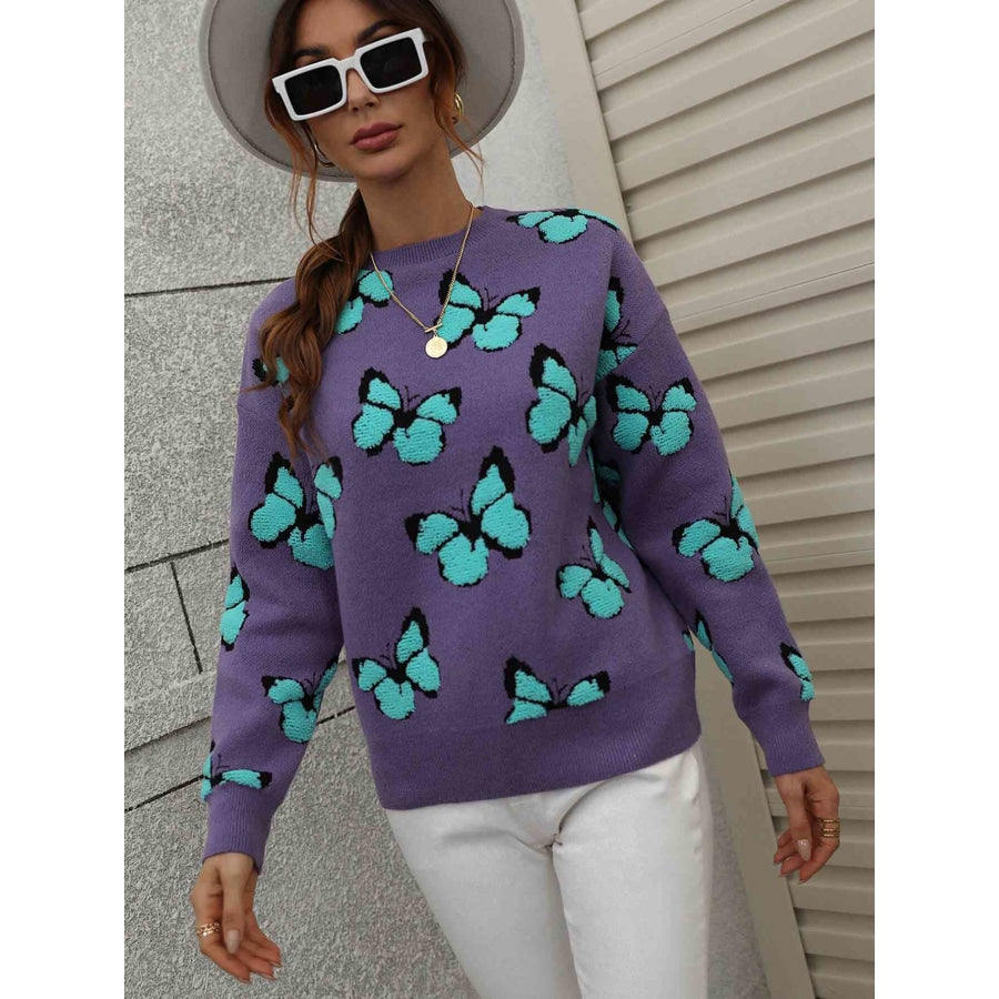 Woven Right Butterfly Dropped Shoulder Crewneck Sweater Purple / S
