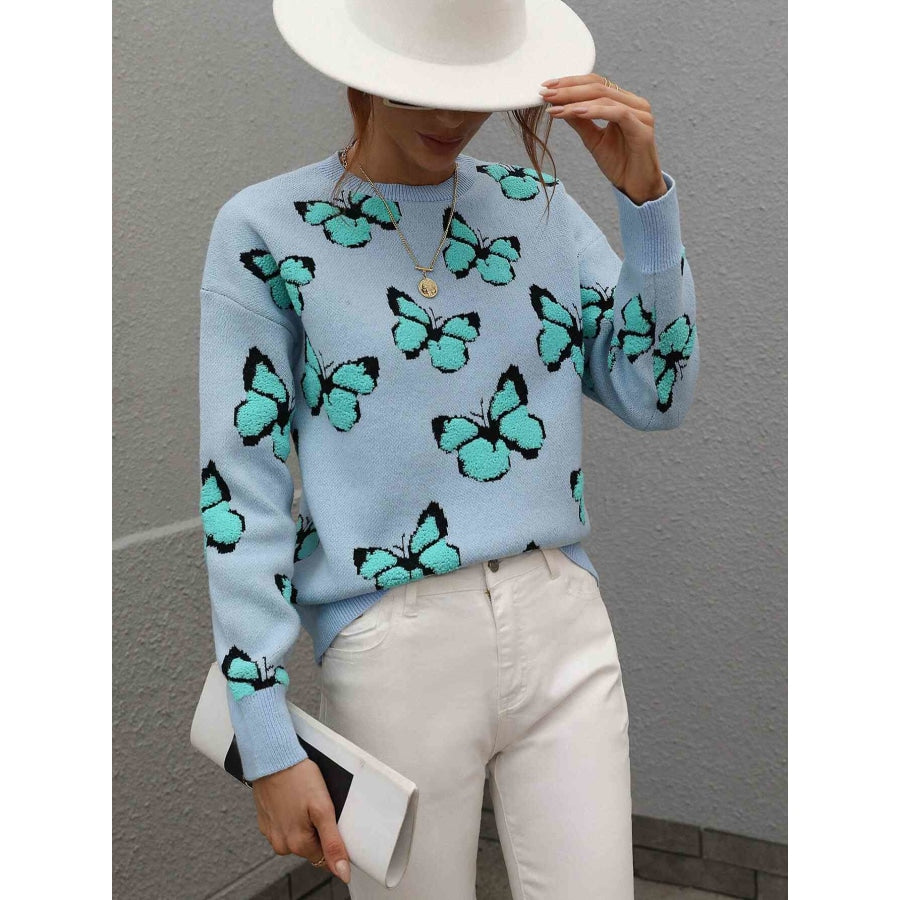 Woven Right Butterfly Dropped Shoulder Crewneck Sweater Sky Blue / S