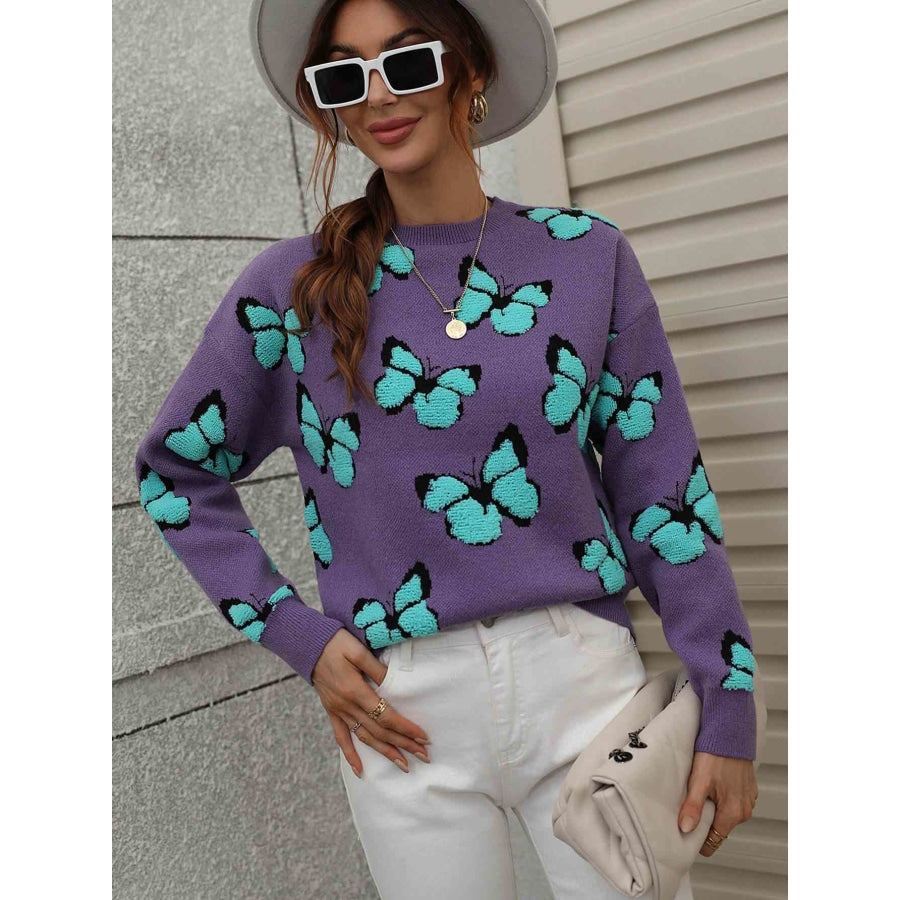 Woven Right Butterfly Dropped Shoulder Crewneck Sweater