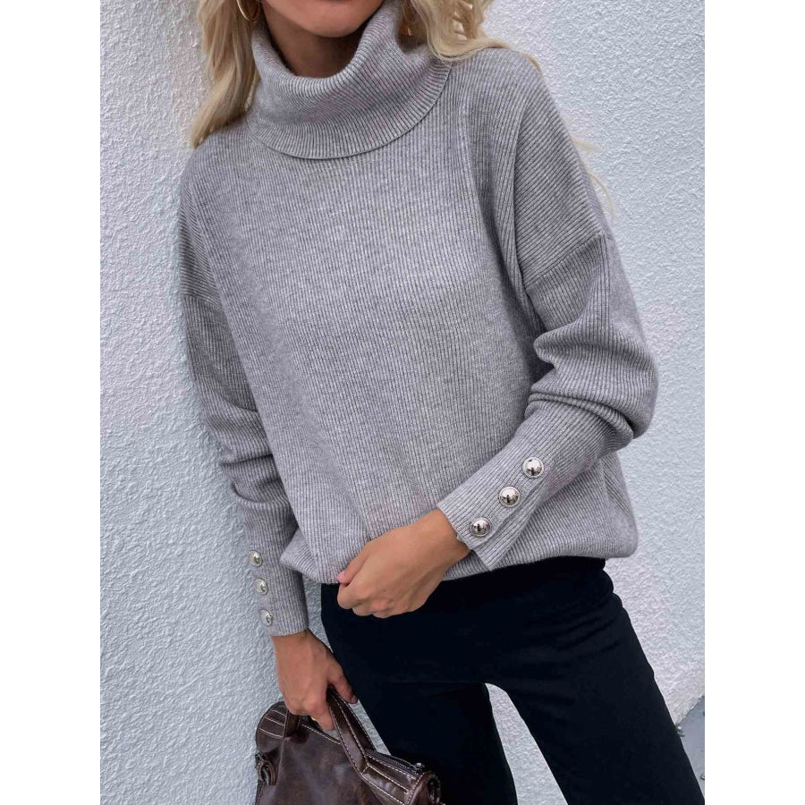 Woven Right Button Detail Rib-Knit Turtleneck Sweater Gray / S