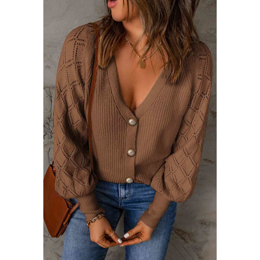 Woven Right Button Front Ribbed Lantern Sleeve Cardigan Brown / S
