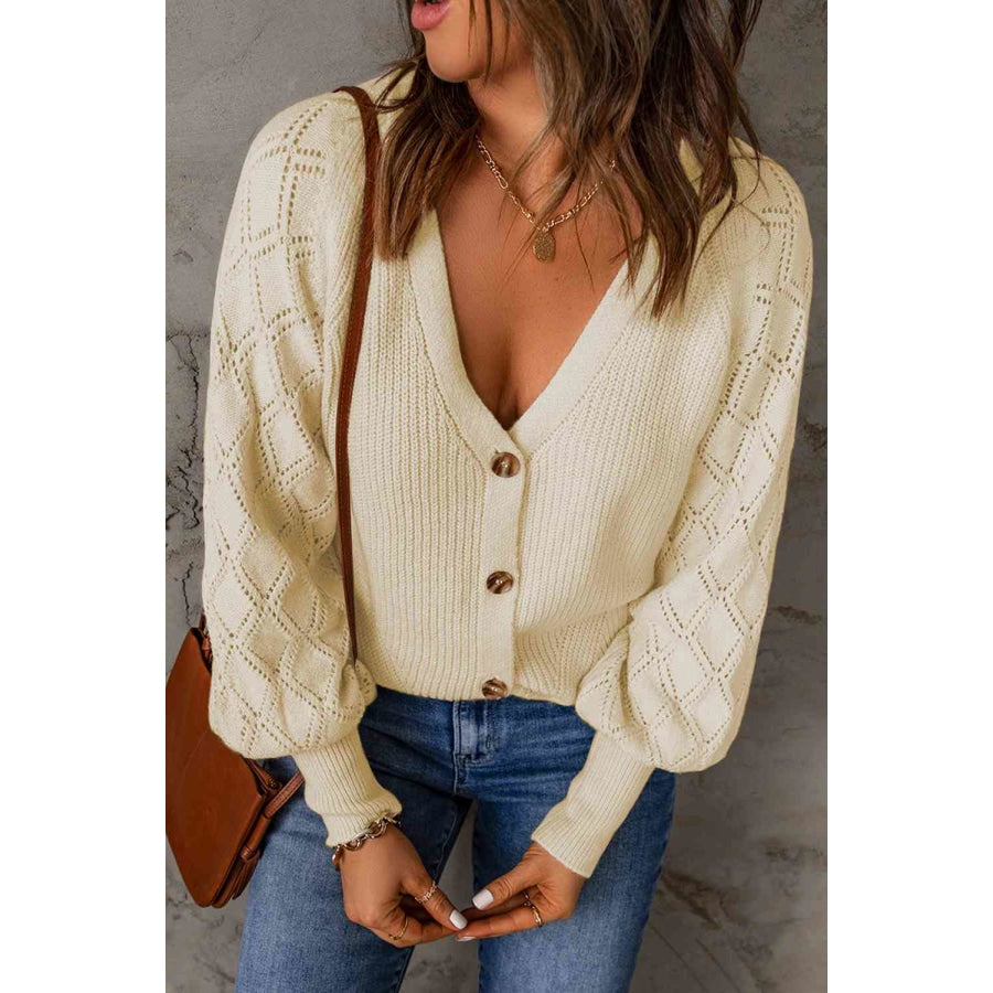 Woven Right Button Front Ribbed Lantern Sleeve Cardigan Cream / L