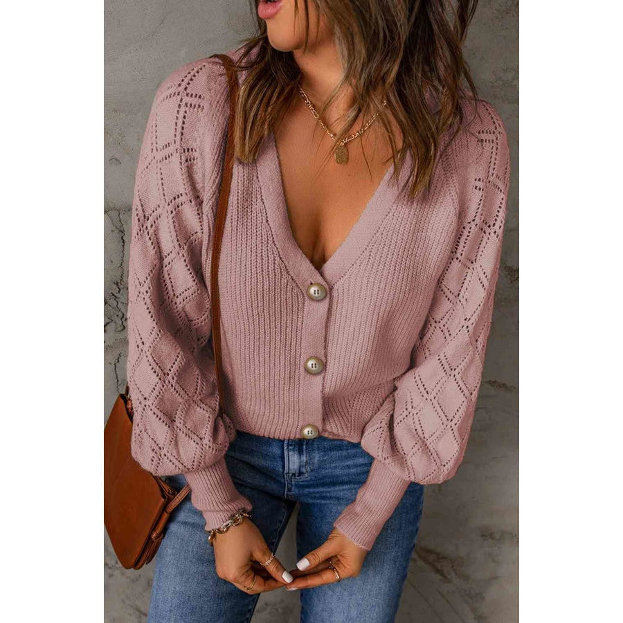 Woven Right Button Front Ribbed Lantern Sleeve Cardigan Pink / S