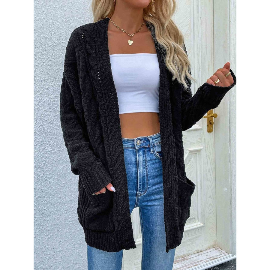 Woven Right Cable-Knit Open Front Cardigan with Front Pockets Black / S