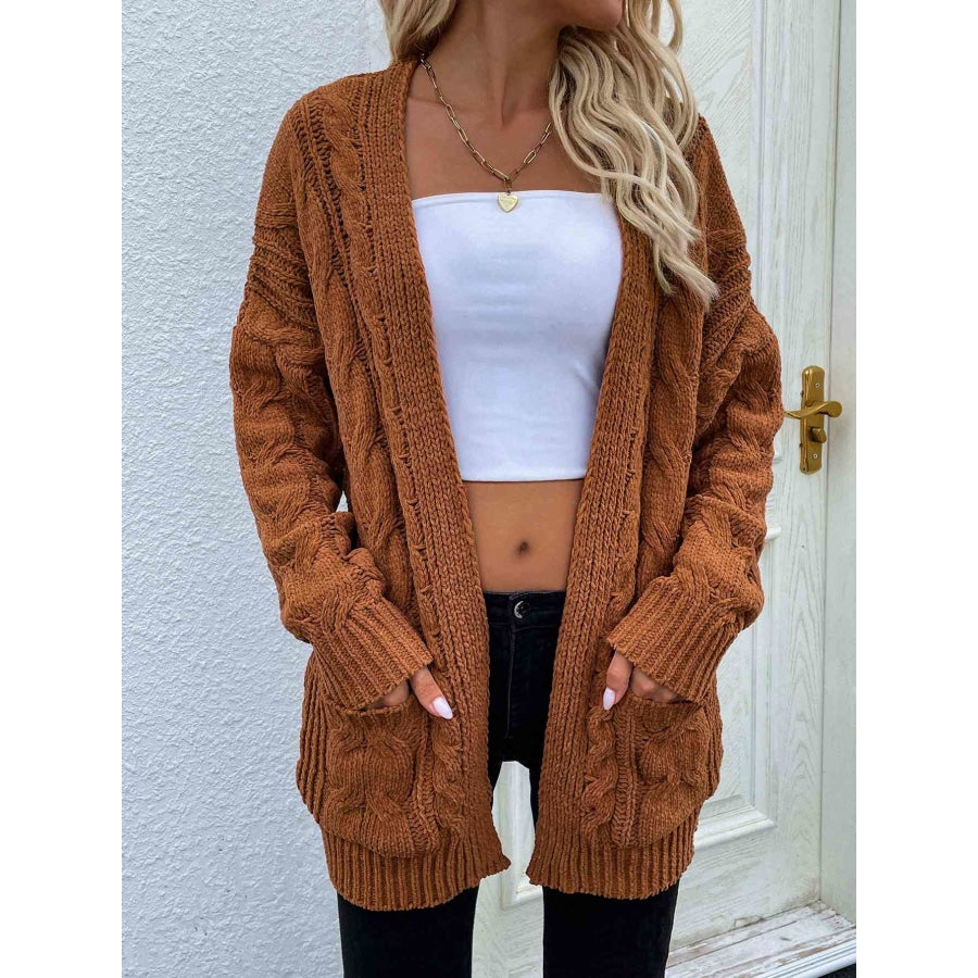 Woven Right Cable-Knit Open Front Cardigan with Front Pockets Caramel / S