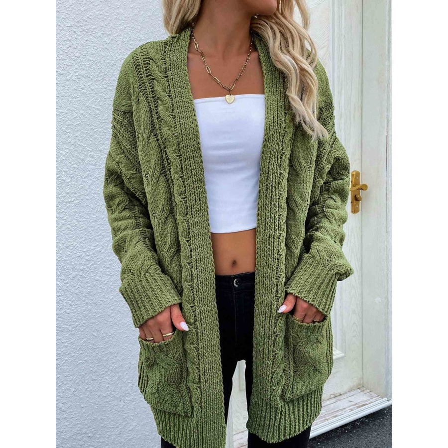 Woven Right Cable-Knit Open Front Cardigan with Front Pockets Green / S