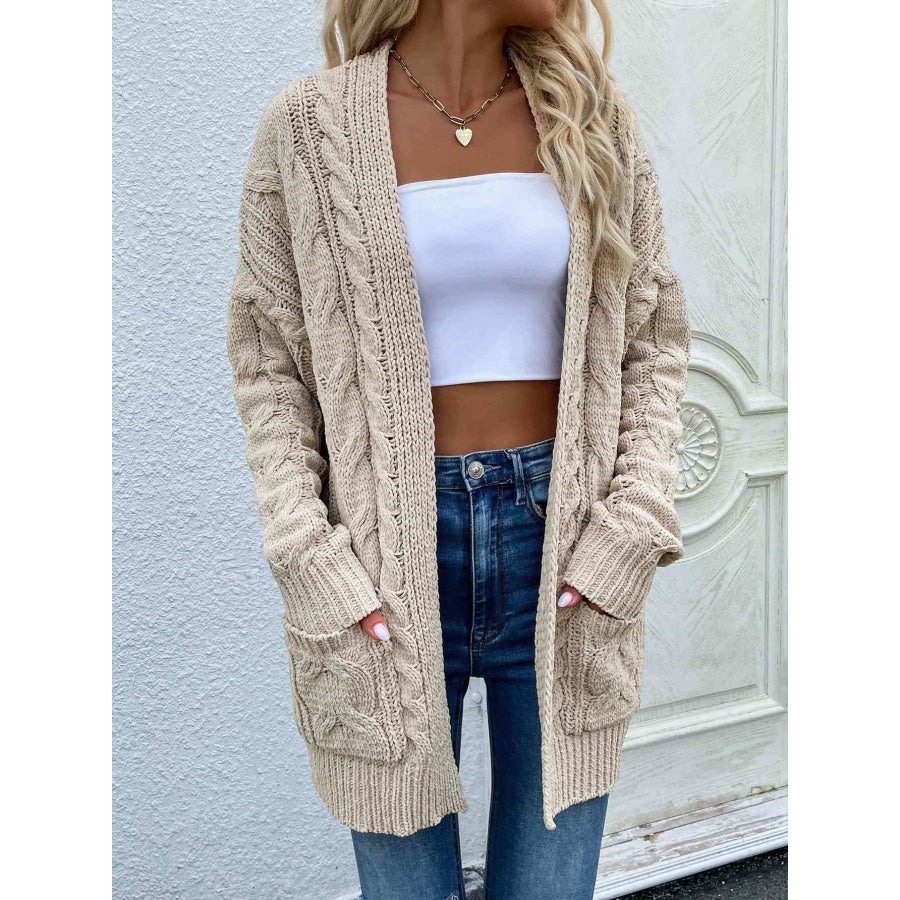 Woven Right Cable-Knit Open Front Cardigan with Front Pockets Khaki / S
