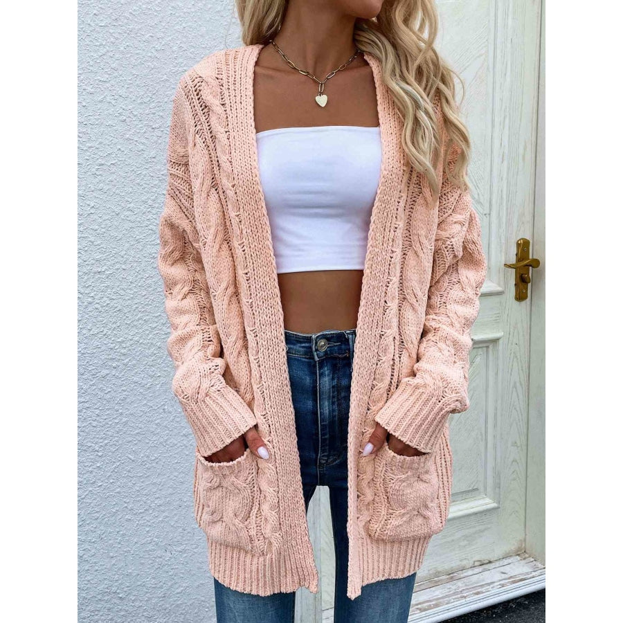 Woven Right Cable-Knit Open Front Cardigan with Front Pockets Pink / S