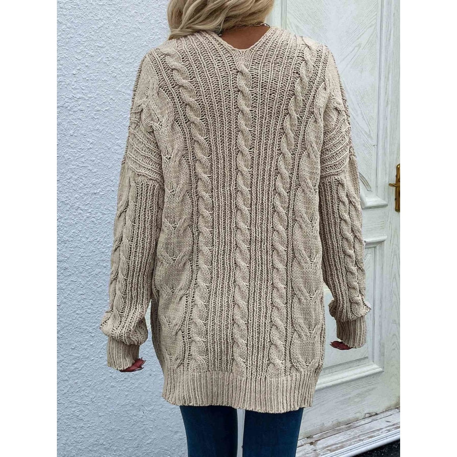 Woven Right Cable-Knit Open Front Cardigan with Front Pockets