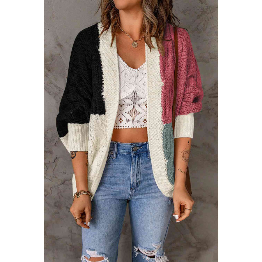 Woven Right Color Block Cable-Knit Batwing Sleeve Cardigan Black/Pink / S