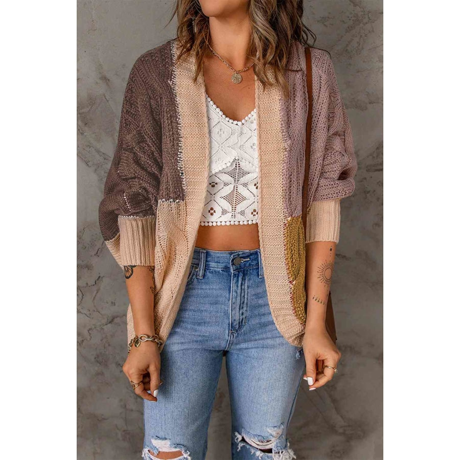 Woven Right Color Block Cable-Knit Batwing Sleeve Cardigan Brown/Yellow / S