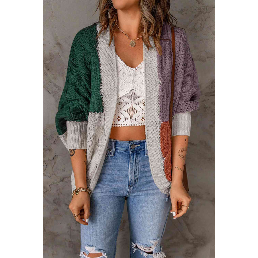 Woven Right Color Block Cable-Knit Batwing Sleeve Cardigan Green/Lilac / S