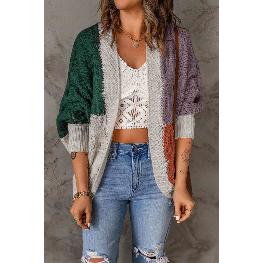 Woven Right Color Block Cable-Knit Batwing Sleeve Cardigan Green/Lilac / S