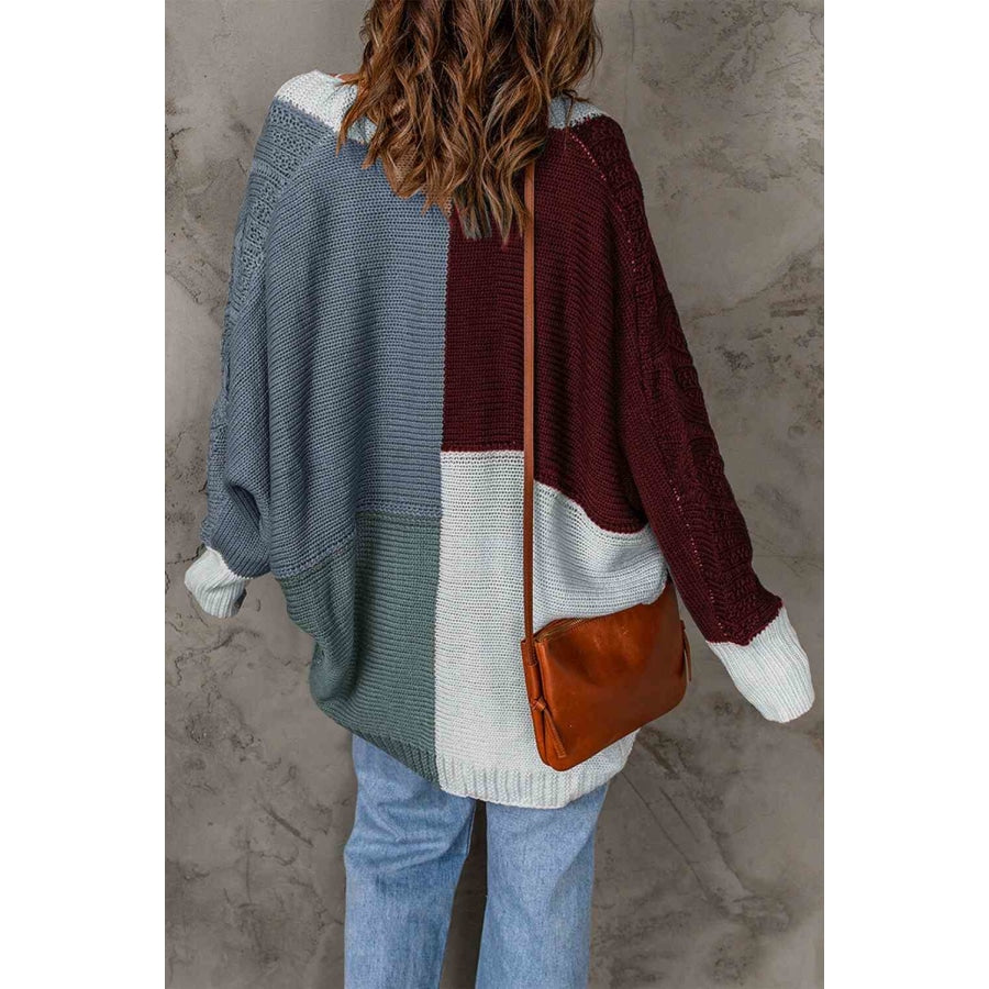 Woven Right Color Block Cable-Knit Batwing Sleeve Cardigan