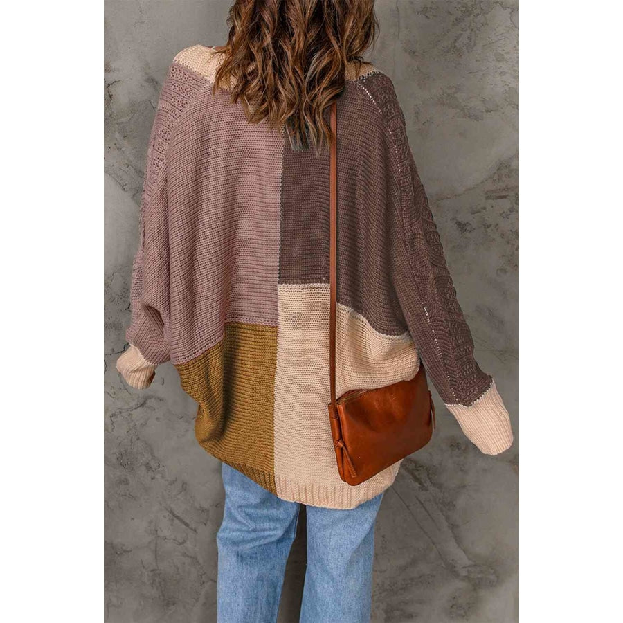 Woven Right Color Block Cable-Knit Batwing Sleeve Cardigan