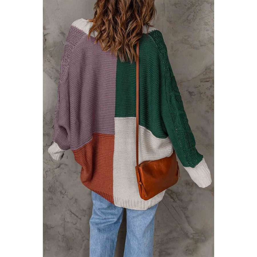 Woven Right Color Block Cable-Knit Batwing Sleeve Cardigan