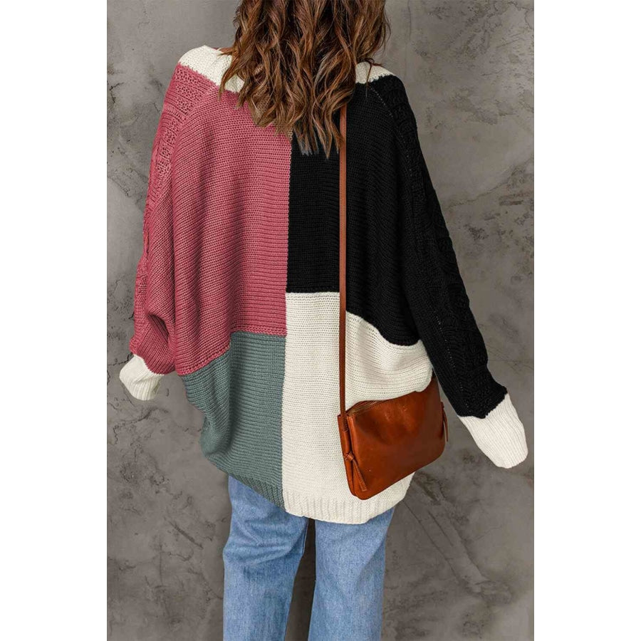 Woven Right Color Block Cable-Knit Batwing Sleeve Cardigan