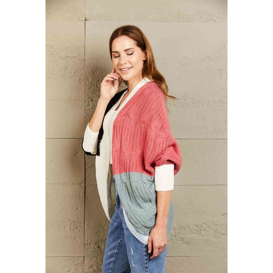 Woven Right Color Block Cable-Knit Batwing Sleeve Cardigan