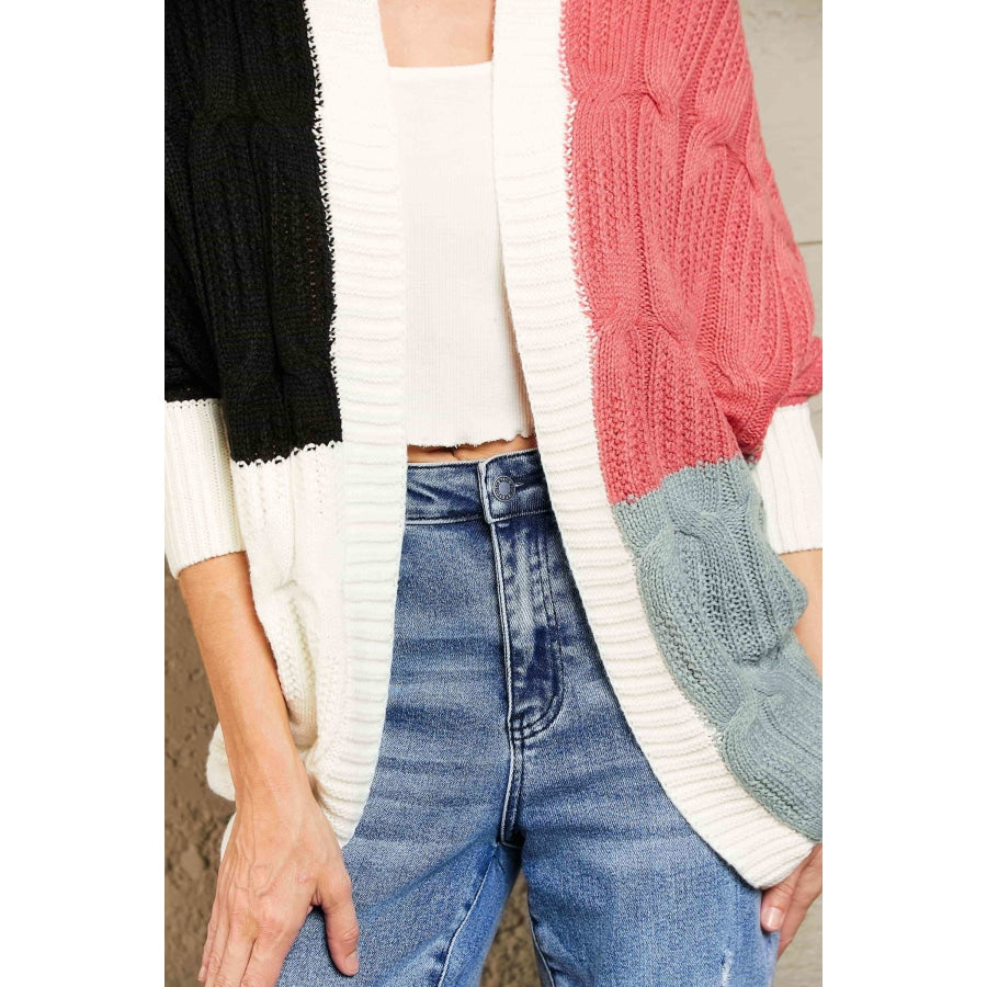 Woven Right Color Block Cable-Knit Batwing Sleeve Cardigan