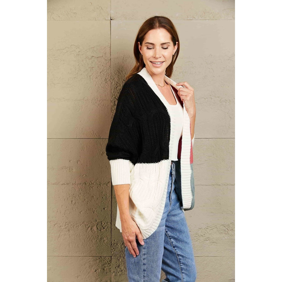 Woven Right Color Block Cable-Knit Batwing Sleeve Cardigan