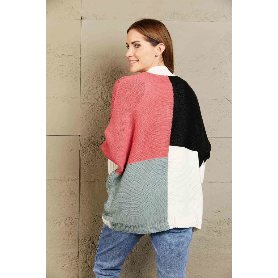 Woven Right Color Block Cable-Knit Batwing Sleeve Cardigan