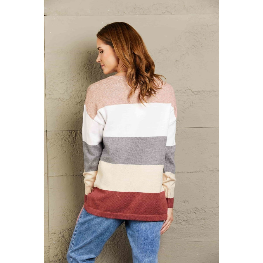 Woven Right Color Block Drop Shoulder Round Neck Sweater