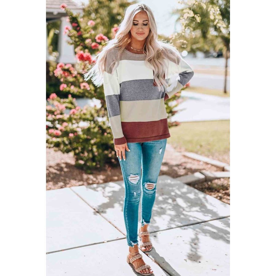 Woven Right Color Block Drop Shoulder Round Neck Sweater