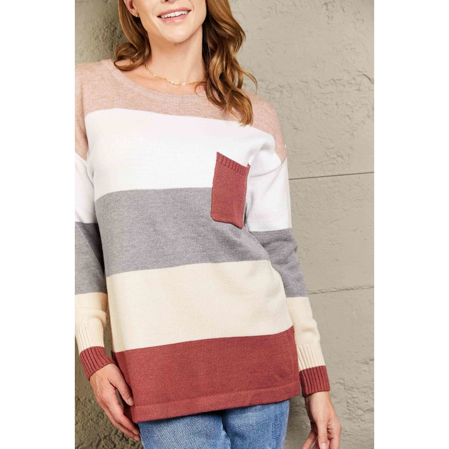 Woven Right Color Block Drop Shoulder Round Neck Sweater