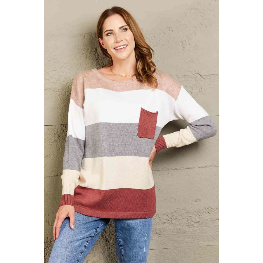 Woven Right Color Block Drop Shoulder Round Neck Sweater