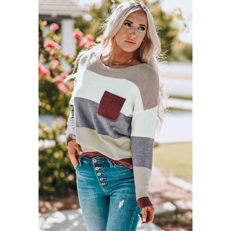 Woven Right Color Block Drop Shoulder Round Neck Sweater