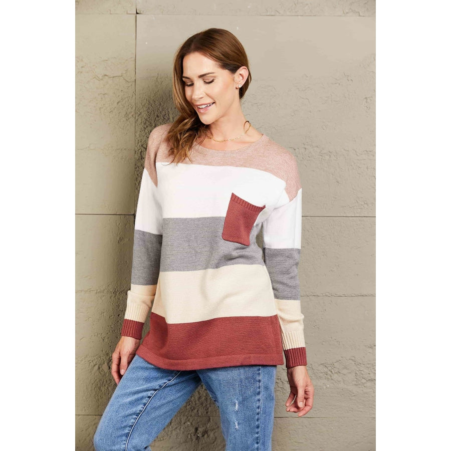 Woven Right Color Block Drop Shoulder Round Neck Sweater