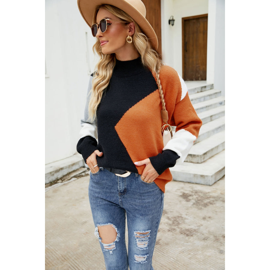 Woven Right Color Block Mock Neck Ribbed Trim Sweater Orange/Black / S