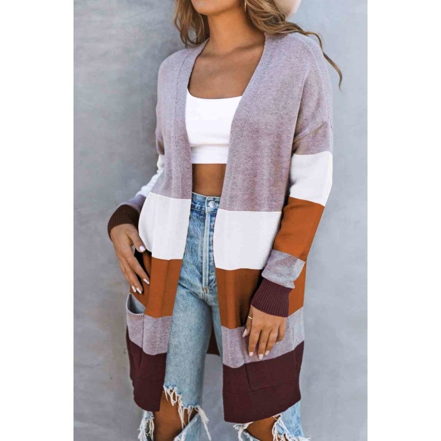 Woven Right Color Block Open Front Ribbed Cuff Cardigan with Pockets Lilac / S