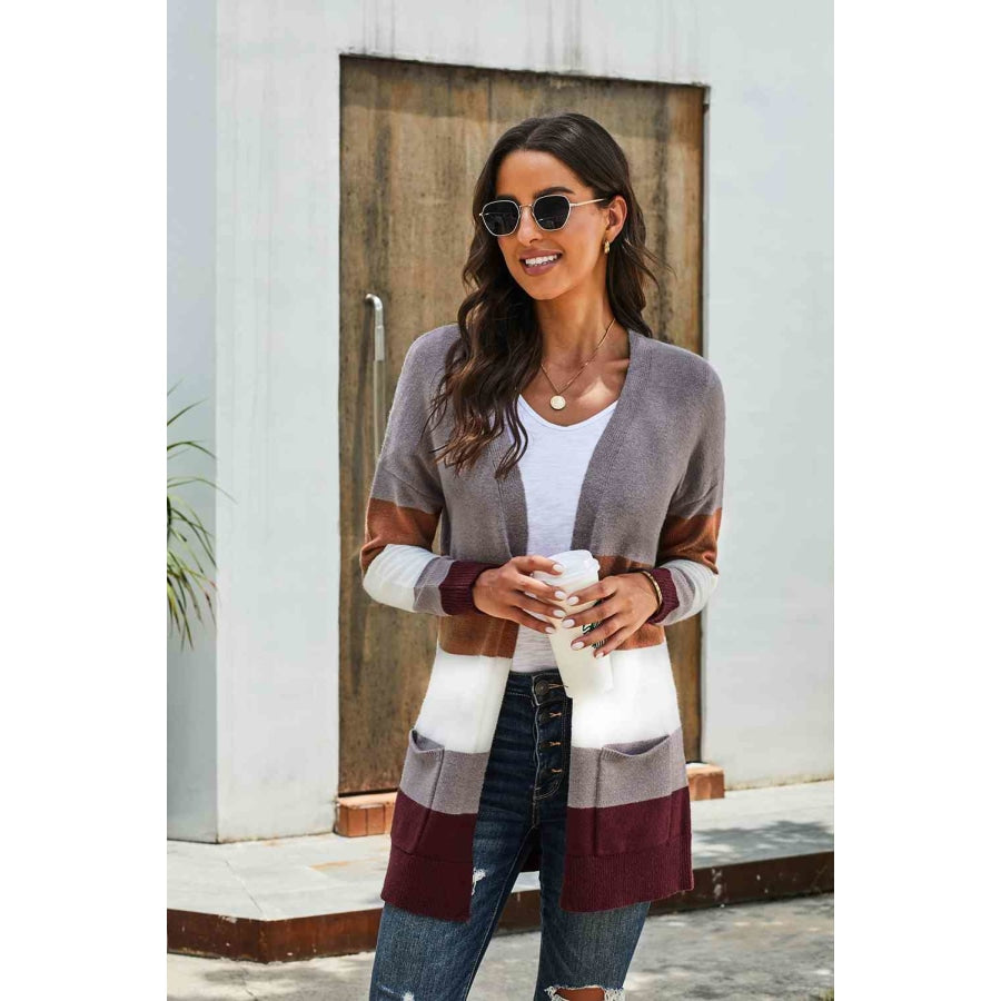 Woven Right Color Block Open Front Ribbed Cuff Cardigan with Pockets Mocha / S