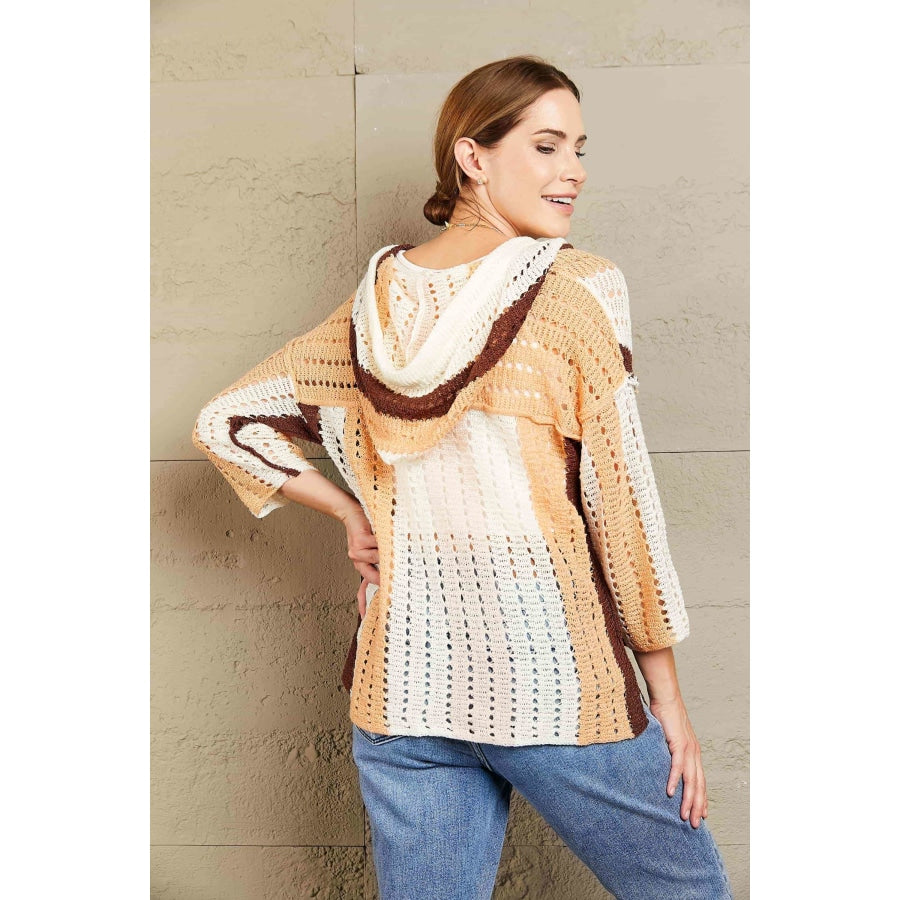 Woven Right Color Block Openwork Hooded Sweater