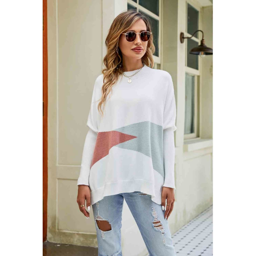 Woven Right Color Block Round Neck Side Slit Sweater White / S